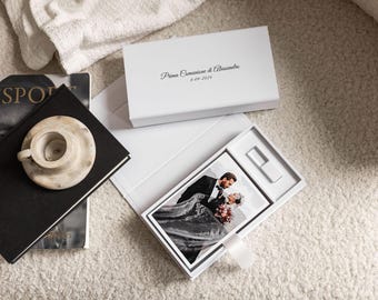 Caja para fotos de boda de 4x6 y memoria USB / Caja blanca para fotos y USB / Caja de recuerdos de tela / Caja personalizada y USB personalizada