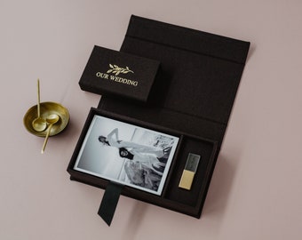 Caja de fotos de boda de 4 x 6 y unidad flash USB / Caja de fotos y USB de medianoche / Caja de recuerdos de tela / Caja personalizada y USB personalizada