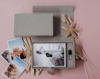 Caja de fotos de lino de 5 x 7 / Caja de fotos y USB de tela gris claro / Embalaje para USB y fotos / Unidad flash USB 3.0 de cristal