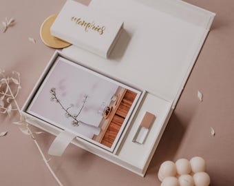 Caja para fotos de boda de 5x7 y memoria USB / Caja blanca para fotos y memoria USB / Caja de tela para guardar recuerdos / Caja personalizada y memoria USB personalizada