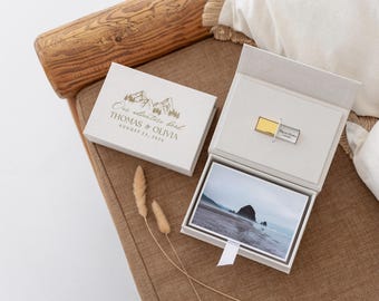 Caja de presentación para fotógrafo con capacidad para 100 impresiones de 4x6 pulgadas / Caja de lino personalizada con unidad flash USB 3.0