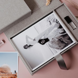 6x8 Leinen Fotobox | Hellgrauer Stoff Foto- und USB-Box | USB und Fotoverpackungen | Kristallglas 3.0 USB Stick