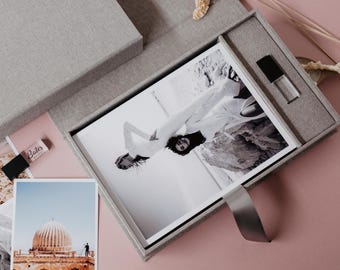 Caja de fotos de lino de 6 x 8 pulgadas / Caja de fotos y USB de tela gris claro / Embalaje para USB y fotos / Unidad flash USB 3.0 de cristal
