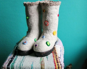 Warm gray felted women's boots. Handmade wool winter valenki