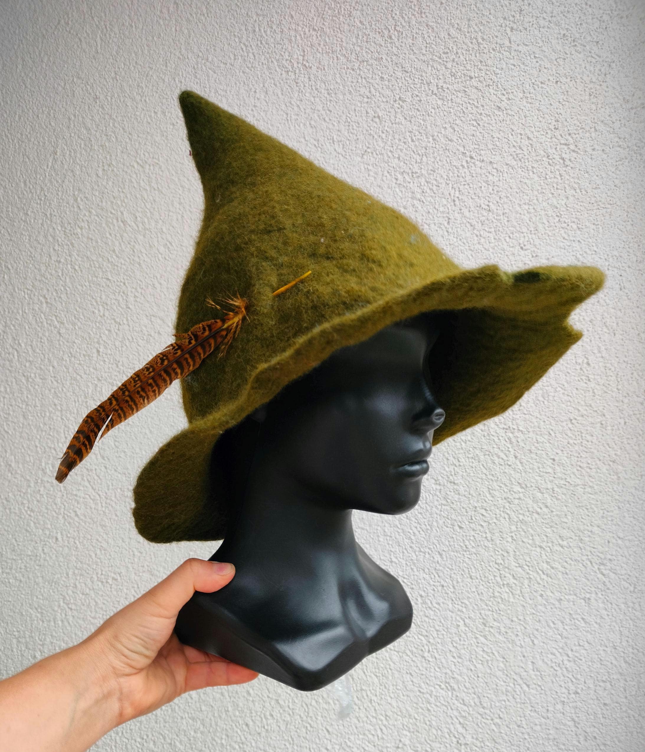 Green Pointed Wool Felted Wide Brim Snufkin Hat, Fedora Hat