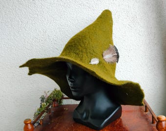 Snufkin's green wide-brimmed wool hat with a feather. Felted wizard's hat