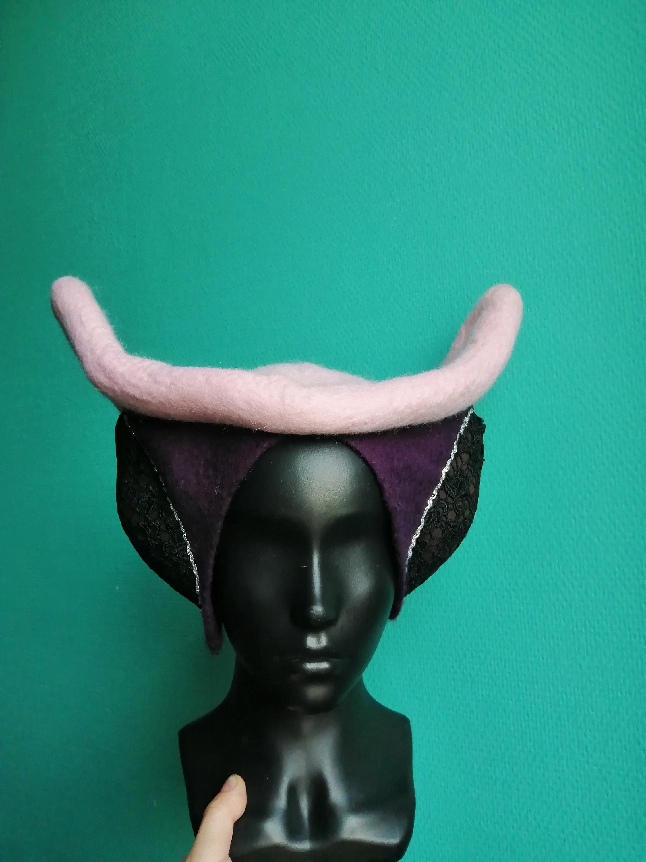 Purple Felted Wool Medieval Women's Horned Ceremonial Hat of a Noble