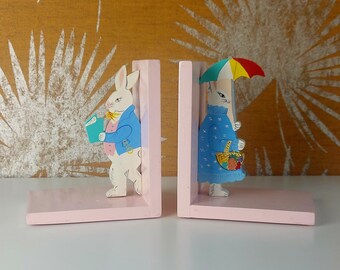 Vintage Wooden Hand Painted Children's Nursery Book Ends Rabbit Couple