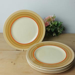 Art Deco Clarice Cliff Orange Banded 6 x Dinner Plates Newport Pottery Retro