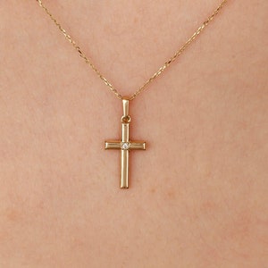 14k Solid Gold Diamond Cross Necklace, Tiny Religious Cross, Moissanite Christian Necklace, Religious Gift for Her, Real Gold Cross Pendant