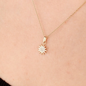 14K Solid Gold Mini Sun Necklace, Dainty Sun Pendant, Minimalist Sunburst Celestial Pendant, Sunshine Necklace for Women, Sun Charm Choker