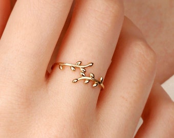 14K Solid Gold Leaf Branch Ring, Unique Olive Leaf Ring, Designer