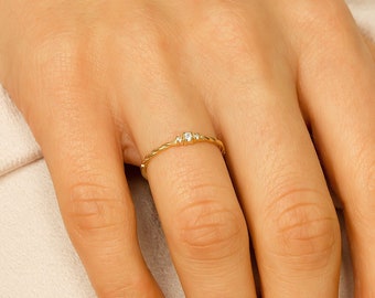 14k Solid Gold Minimalist Twisted Solitär Ring, Dünner Diamant Verlobungsring Frauen, Winzig Versprechen Ring, Kleiner Geflochtener Braut Ring Echtes Gold