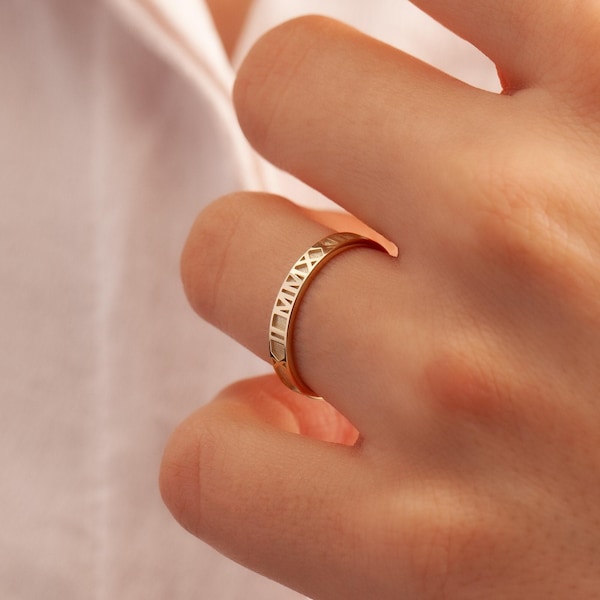 Personalized Roman Numeral Ring 14k Solid Gold, Special Date Ring, Wedding Date Ring, 10k 18k Real Gold Custom Date Ring, Coordinates ring