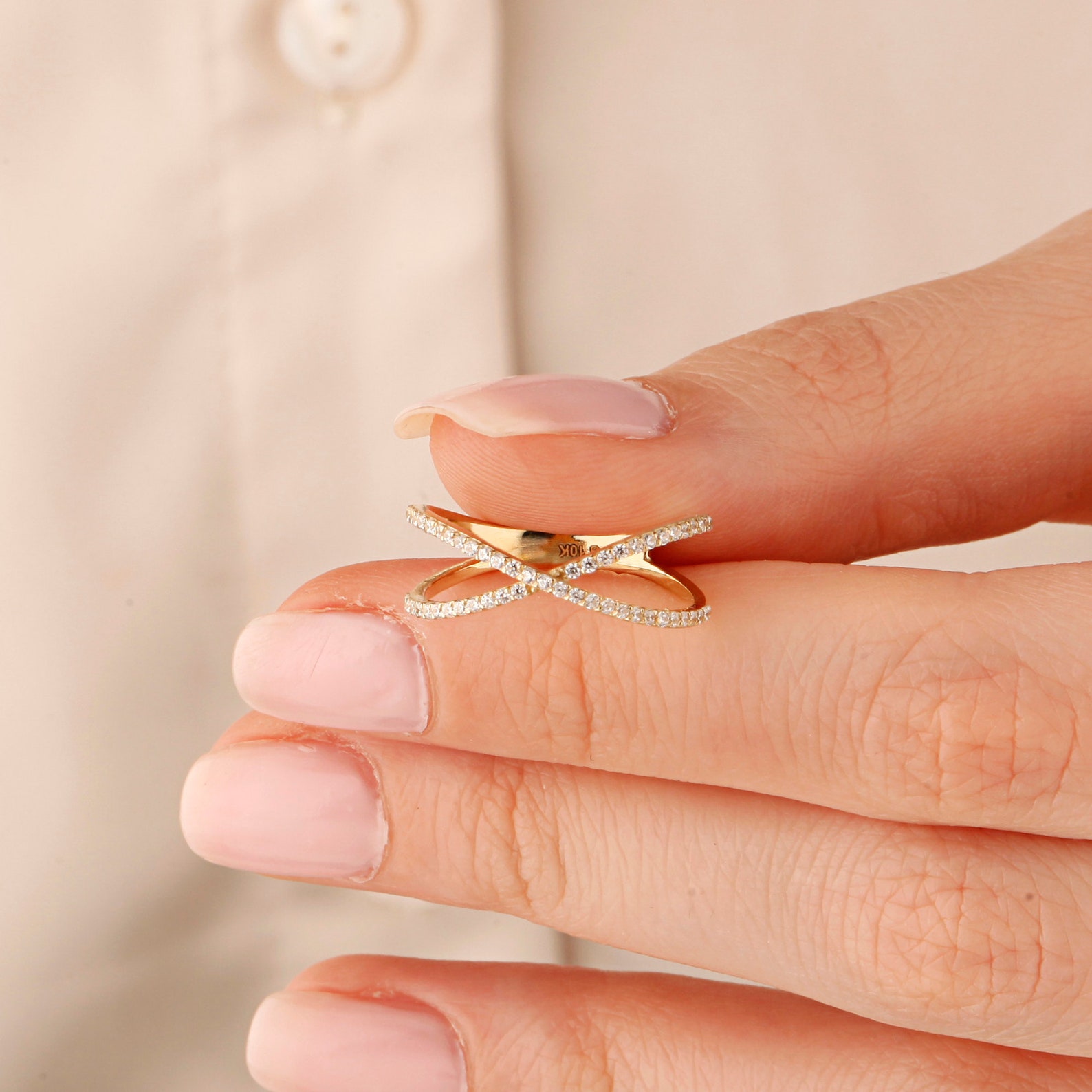 14k Solid Gold Criss Cross Ring, Dainty Crossed Ring, Pave Diamond Cz X ...