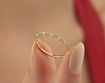 14k Solid Gold Baguette Ring, Half Eternity Moissanite Stacking Band, Dainty Wedding Ring