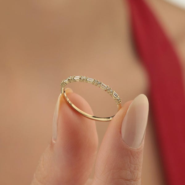 14k Solid Gold Baguette Ring, Half Eternity Moissanite Stacking Band, Dainty Wedding Ring