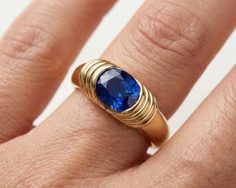 14K Solid Gold Oval Sapphire Signet Ring, Bezel Set Dome Band, September Birthstone Band