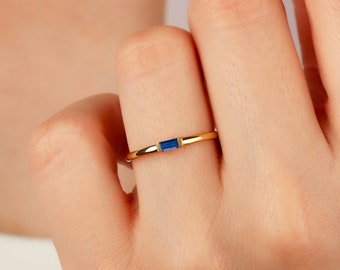 Baguette Sapphire Ring 14k Solid Gold • Minimalist Blue Sapphire Ring Women • Dainty Statement Ring Real Gold • 18k Gold Sapphire Jewelry