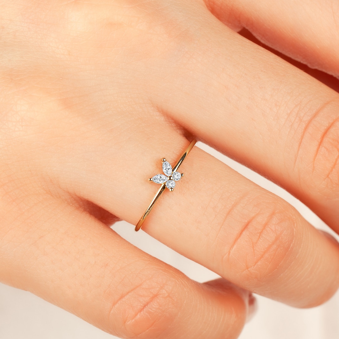 Marquise Butterfly Ring 14k Solid Gold • Floral Marquise Wedding