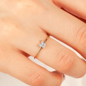 Marquise Butterfly Ring 14k Solid Gold • Floral Marquise Wedding Band Real Gold • Diamond Marquise Cut Ring • Best Friend Animal Cute Ring