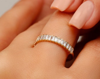 14K Solid Gold Baguette Wedding Ring, Vertical Baguette Half Eternity Wedding Band, Cz Diamond Engagement Band, Moissanite Baguette Ring