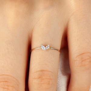 14k Solid Gold Marquise Diamond Ring, Dainty Gold Leaf Ring, Thin Unique Marquise Diamond Wedding Ring, Stackable Diamond Band For Women