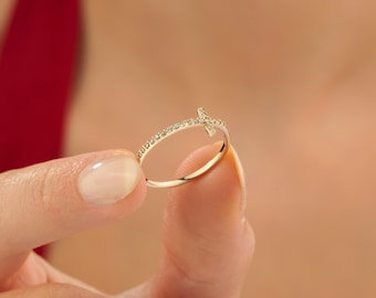 14k Solid Gold Tiny Cross Ring, Minimalist Sideways Cross Ring, 10k 18k Real Gold Christian Gift, Dainty Faith Jewelry, Religious Ring Women