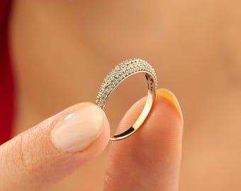 14k Gold Pave Diamond Wedding Band, 18k Solid Gold Dome Rings for Women, Minimalist Diamond Cz Ring, Dainty Stackable Ring, Bubble Ring