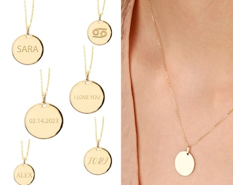 14k Solid Gold Custom Engrave Disc Necklace, Both Side Free Laser Engravable Disc Pendant, Dainty Personalized Multi Disc Charm Pendant Gift