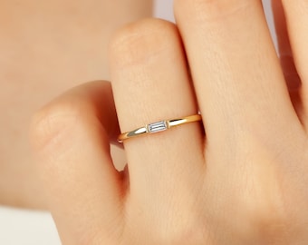 14k Solid Gold Baguette Solitaire Ring, Premium Baguette Ring For Her, Dainty Proposal Ring, Solitaire Ring Women, Real Gold Stackable Band