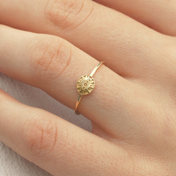 Minimalist Evil Eye 14k Solid Gold Ring, Tiny Protection Ring,  Delicate Pinky Ring Women, Religious Jewelry, Third Eye Ring Real Gold
