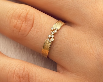 14k Solid Gold Diamond Unique Cluster Ring, Vintage Style Thick Anniversary Ring, Special Design Real Gold Ring For Her, Chunky Diamond Ring