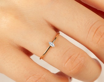 Marquise Solitaire Ring 14K Solid Gold • Horizantal Marquise Anniversary Ring • Thin East West Ring 10k 18k Solid Gold Ring • Thin Gold Band