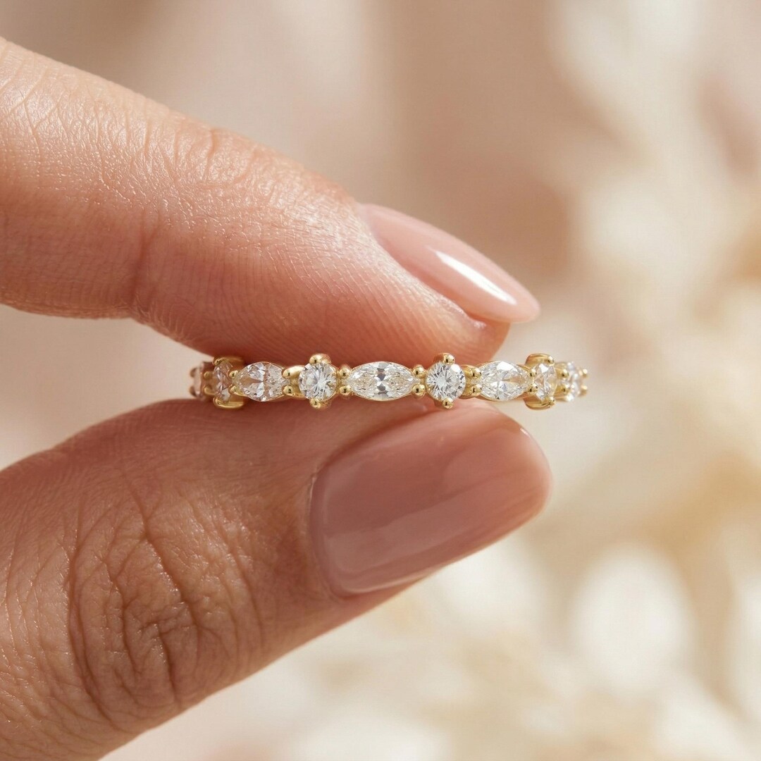 14K Solid Gold Lab Diamond Marquise Half Eternity Ring, Dainty Wedding ...