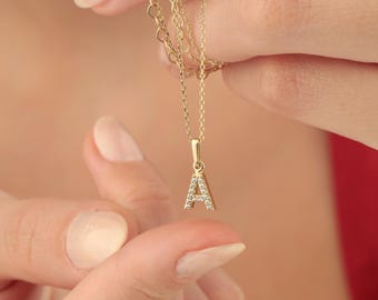 14K Solid Gold Initial Pendant, Cz Diamond Letter Charm, Custom Alphabet Necklace, Dainty Real Gold Initial Charm, Gift for Her