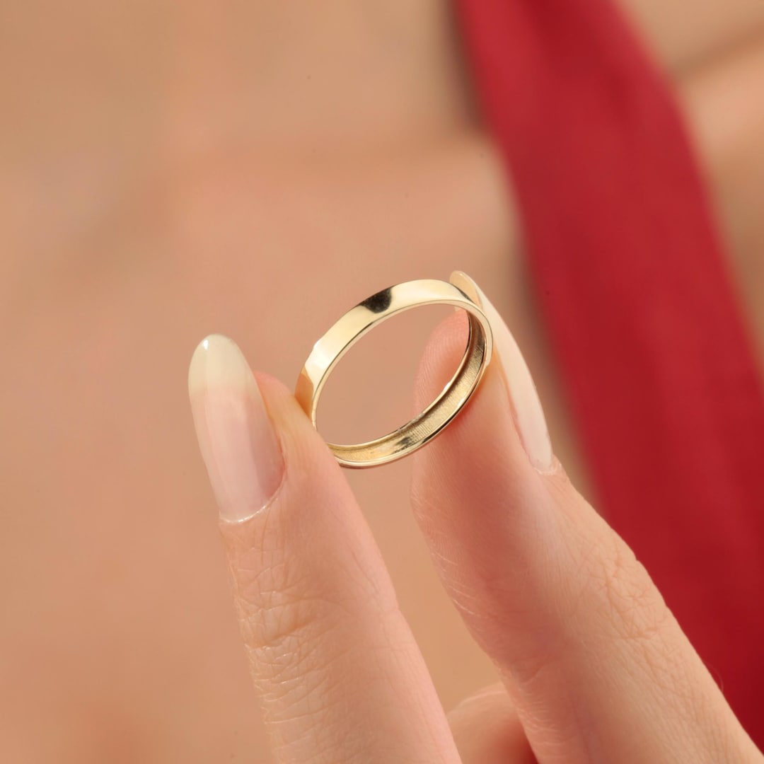 3mm Flat Wedding Band 14k Solid Gold, Wedding Plain Band for