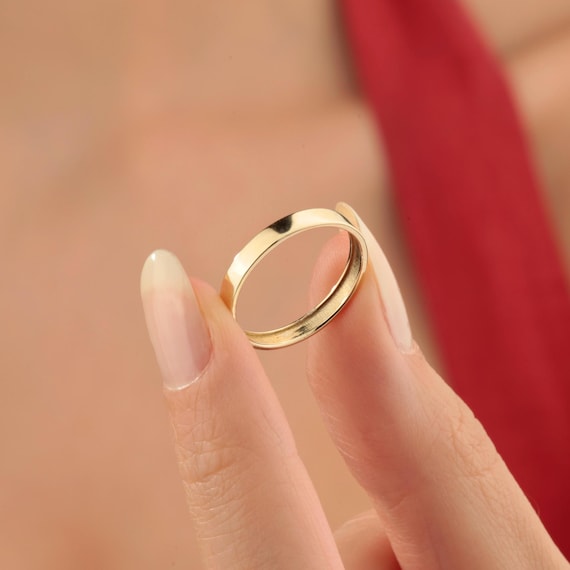 3mm Flat Wedding Band 14k Solid Gold, Wedding Plain Band for Men