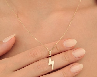 14k Solid Gold Lightning Bolt Necklace, Thunder Pendant, Engraved