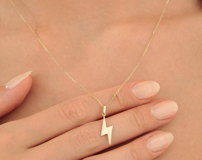 Collar de rayo de oro macizo de 14 k, colgante de trueno, dije de rayo grabado, collar con dije de rayo lateral, delicado colgante de oro