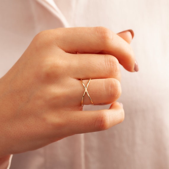 Criss Cross Ring 14k Solid Gold, Dainty Plain X Ring, Simple Double Band Ring, 10k 18k Real Gold Tiny Crossover Ring, Minimalist Thumb Ring