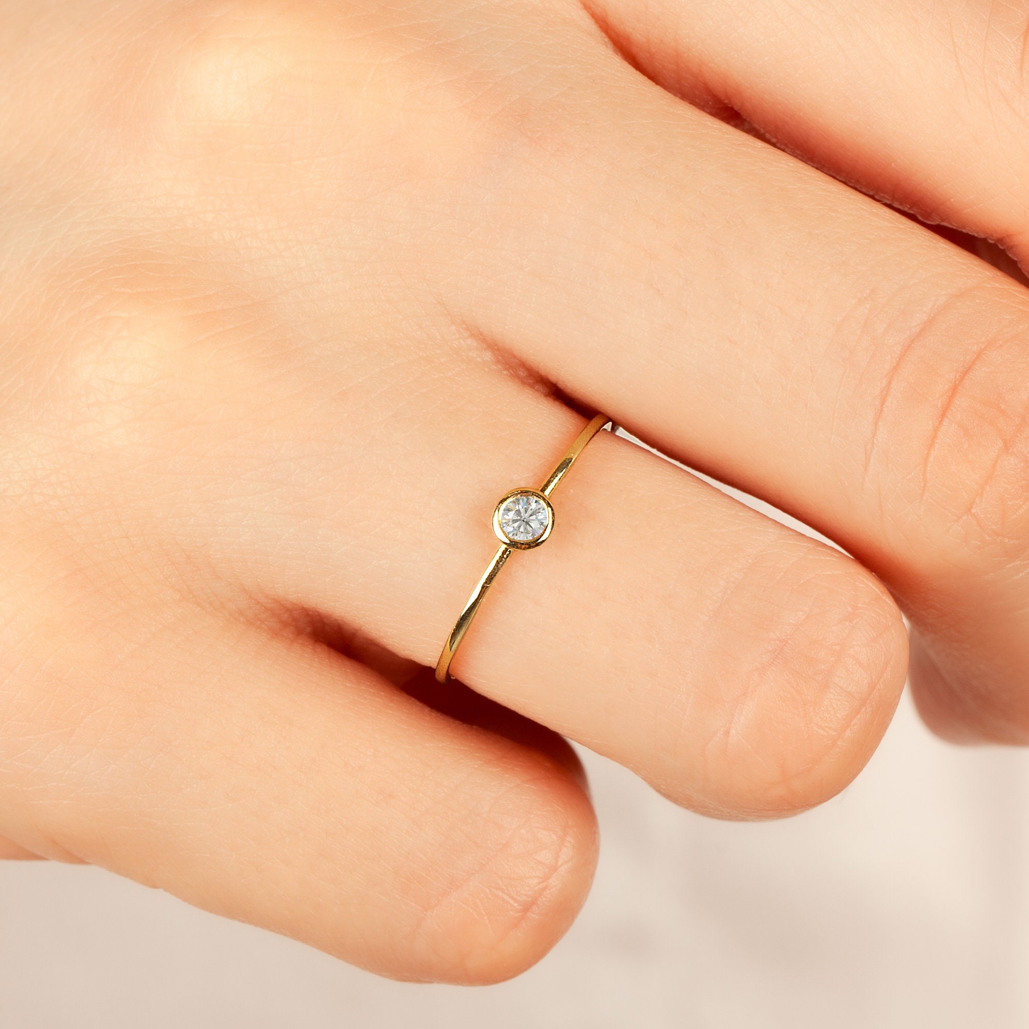 14k Solid Gold Single Stone Ring • Bezel Set Solitaire Ring • Stackable Diamond Solo Ring • 10k 18k Round Pinky Ring • April Birthstone Ring