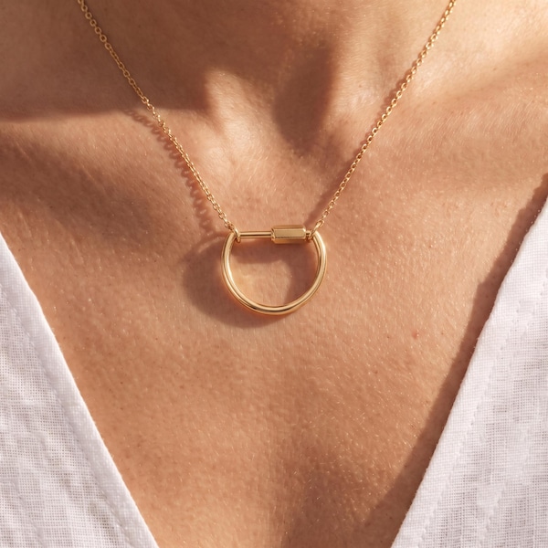 14K Solid Gold D Shape Carabiner Clasp Pendant, Charm Holder and Necklace Enhancer
