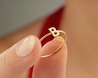 14K Gold Initial Ring, Dainty Tiny Letter Women Ring, Minimalist Letter Ring, Personalized Ring, Anniversary Gift, Christmas Gift for Women