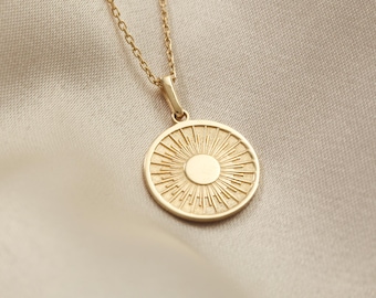 14K Solid Gold Sun Necklace, Sunburst Pendant, Celestial Medallion Charm, Dainty Sunshine Necklace