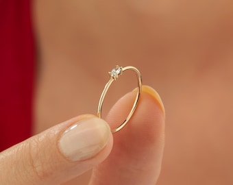 Basic Marquise Ring, Tiny East West Ring 10k 14k 18k Solid Gold Ring, Minimalist Simple Promise Ring Women, Small Diamond Engagement Ring