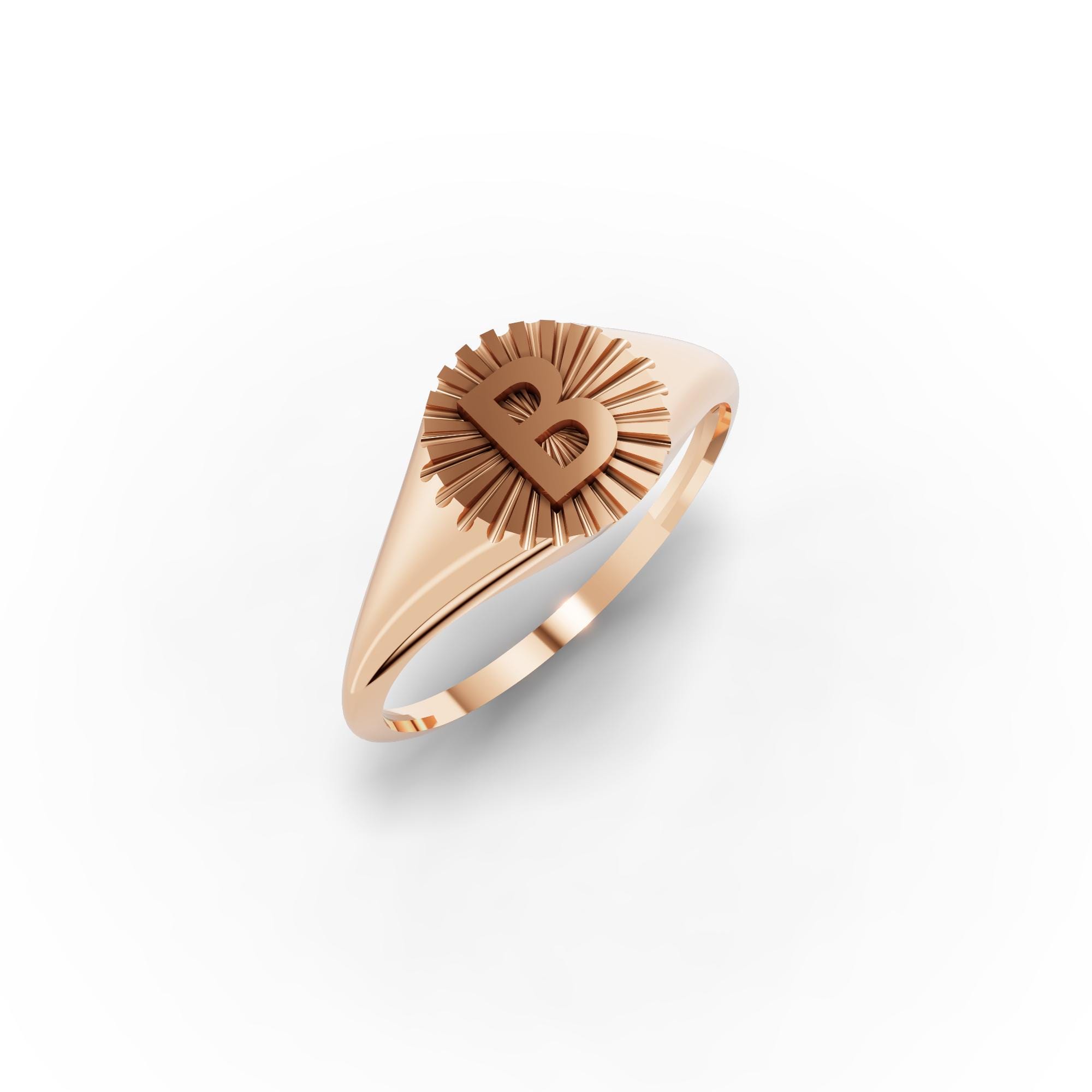 14k Solid Gold Initial Signet Ring for Women Sunburst Pinky Ring ...