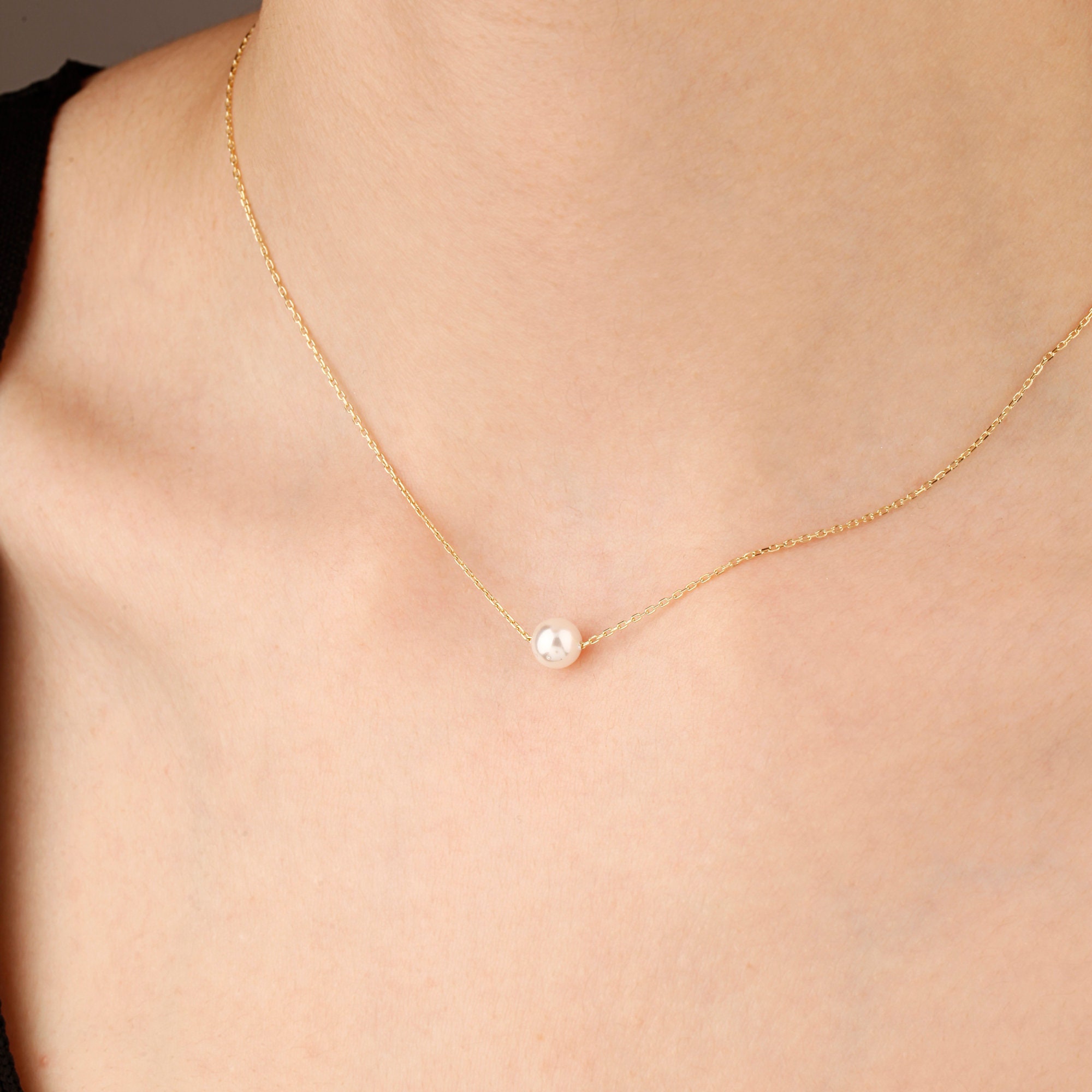 14K Solid Gold Single Pearl Chain Necklace, Pearl Floating Necklace for Women, Simple Freshwater Pearl Gold Necklace, June Birthstone by BLG