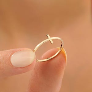 14K Solid Gold Dainty Cross Ring, Tiny Christian Jewelry, Cute Cross Pinky Ring, 10k 18k Real Gold Stacking Ring, Handmade Communion Gift
