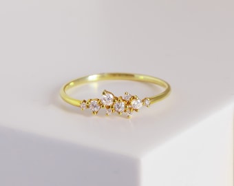 14k Solid Gold Dainty Cluster Ring, Unique Wedding Band Gold, Cute Promise Ring, Delicate Bridal Ring, Special Design Real Gold Ring For Her